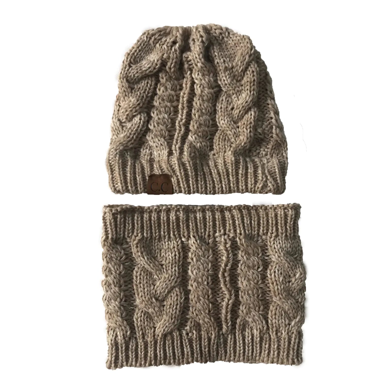 Schal-Set mit Pferdeschwanzmütze und gestrickter Beanie