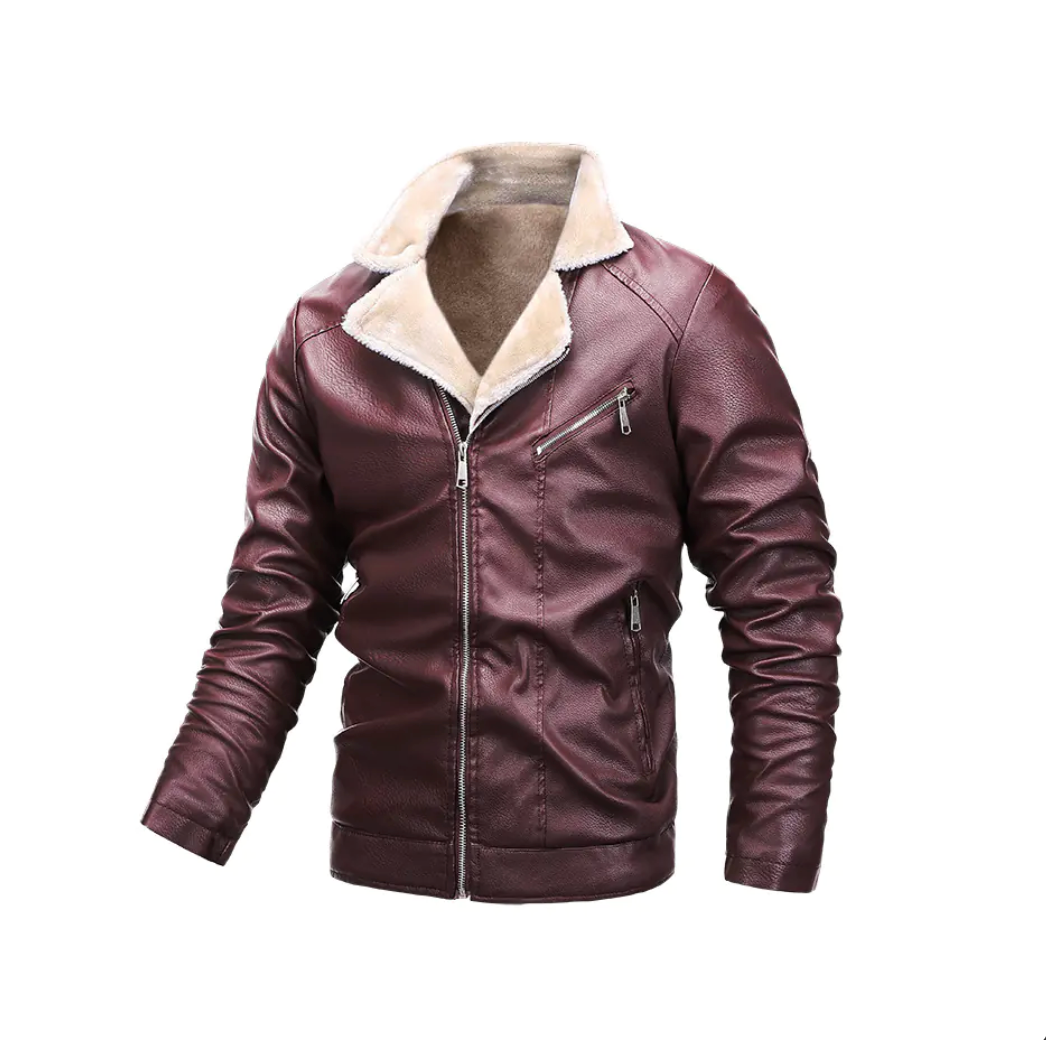 Herren Plus Samt Leder Freizeit Stehkragenjacke