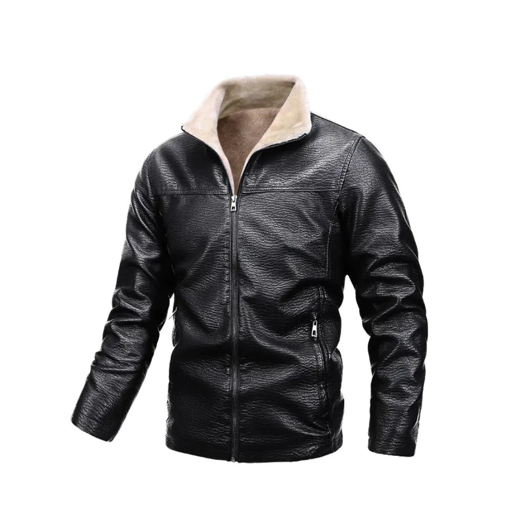 Herren Plus Samt Leder Freizeit Stehkragenjacke