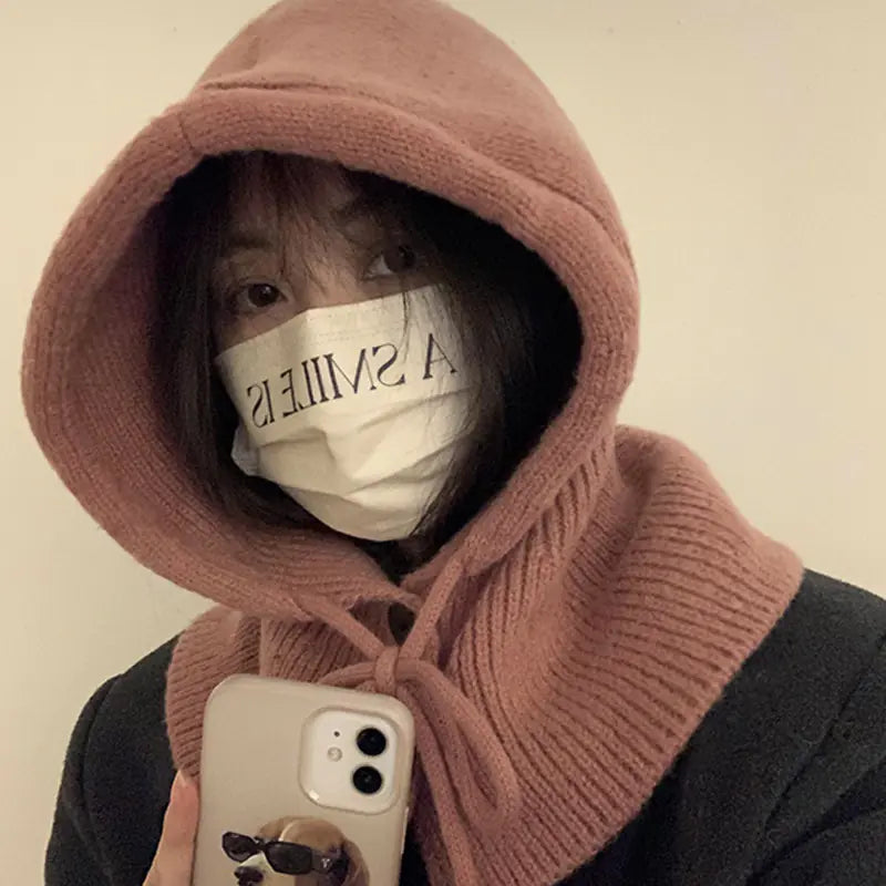 Women's Knitted Hat with Warm Scarf and Earflaps