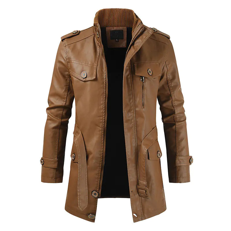 Men's Plus Velvet Casual Stand Collar Leather Coat
