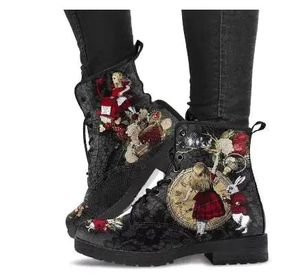 Gothic Print Vegane Lederstiefel im Kampfstil