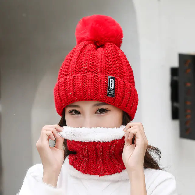 Damen-Dickes Gestricktes Wintermützen- und Schalset