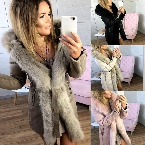 Women`s -Mantel imit Gürtel und Pelzkragen aus Baumwolle