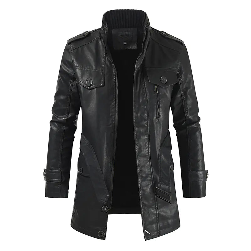 Men's Plus Velvet Casual Stand Collar Leather Coat
