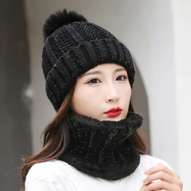 Damen-Dickes Gestricktes Wintermützen- und Schalset