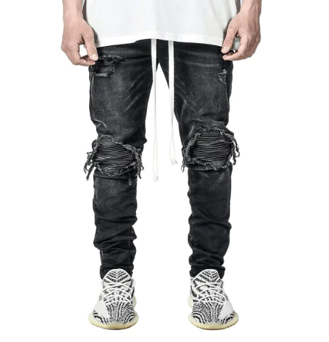 Stretch-Jeans mit zerrissenem Motorradjeans-Design